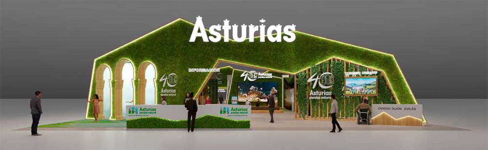 Imagen del frontal del stand donde se ven los dos mostradores para destinos y productos, y otro para ciudades.