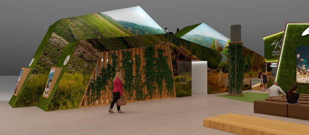 Imagen general del estand donde se ve la simulaciónb de montañas en Asturias.
